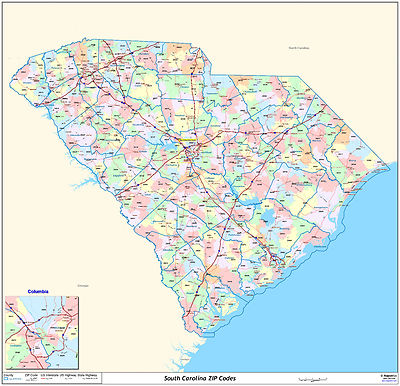 South Carolina Zip Code Map South Carolina State Zipcode Laminated Wall Map | Ebay