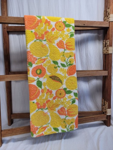 Vintage 1970er Zitrus & Obst Frottee Strandtuch orange & gelb Blumen 50"x47"