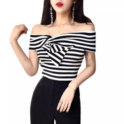 black and white striped off the shoulder shirt