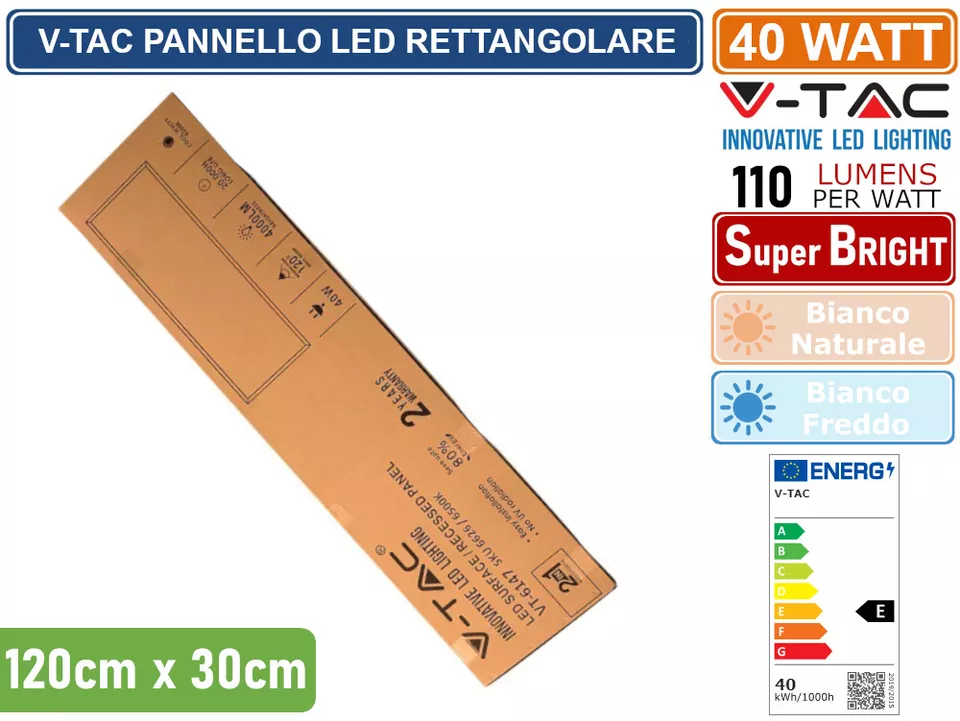 V-TAC VT-6147 PANNELLO LED RETTANGOLARE 120X30 40W SMD DRIVER INCORPORATO IP20 - Immagine 4 di 4