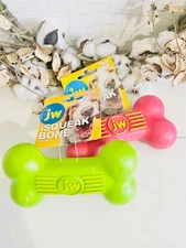 JW iSqueak Bone Durable Natural Rubber Dog Toy ( Red & Green )