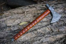 Handmade Damascus Steel Tomahawk Axe with Carved Wood Handle Hunting Camping