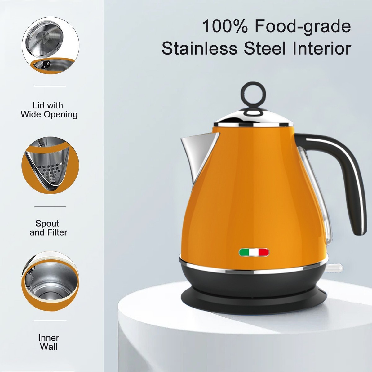 Vintage Electric Kettle Orange 1.7L Stainless Steel Auto OFF 2200W