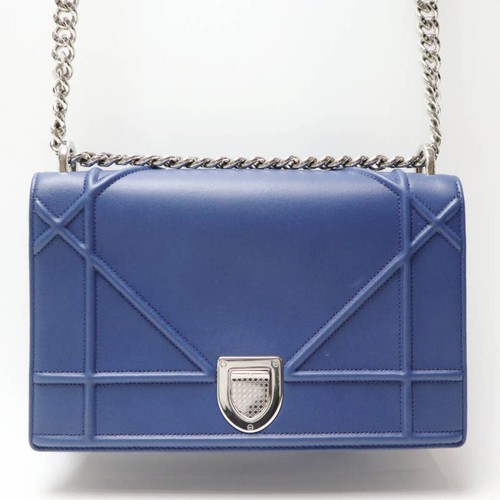 Christian Dior Diorama Leather Chain Shoulder Bag Navy Silver Pre-owned From Jap