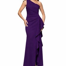 XSCAPE Womens Ruffled One Shoulder Scuba Gown Dress Midnight Size 6 NWT