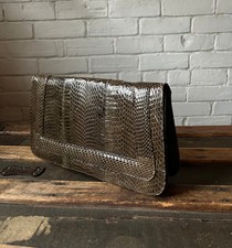 SNAKESKIN CLUTCH Vintage 1950s Brown Snakeskin Envelope Clutch with Nubuck Lini