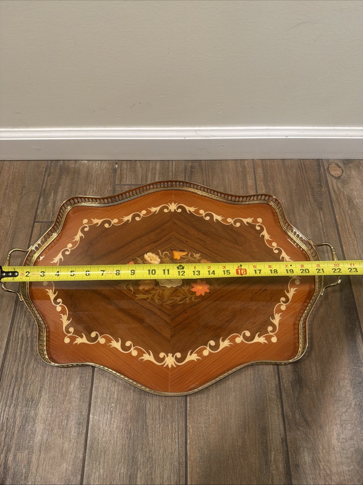 Vintage Italian Marquetry Wood Serving Tray Floral Inlay Brass Band Handles