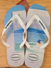 NWT 30 HAVAIANAS SURF GRAPHIC WHT  BLUE FLIP FLOP THONG SANDALS SIZE 11/12