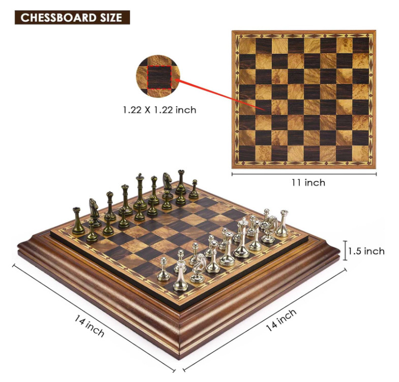 Vintage Chess Set,Wood Chess Board with Storage,Metal Chess Pieces, Classic Game