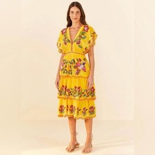 NWT Women's Large FARM Rio Embroidered Yellow Richelieu Midi Dress