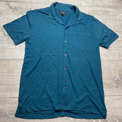 Banana Republic Shirt Mens Medium Teal Blue Linen Blend Short Sleeve Camp Collar