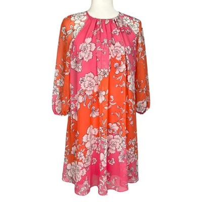 Vince Camuto Womens Floral Chiffon Shift Dress Pink Orange Flowy size 2