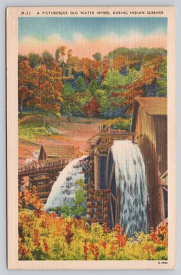 #ad Asheville NC Old Water Wheel Indian Summer Linen Postcard Vintage N 52 $4.75