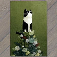 Art Print Black White Cat Sitting Christmas Tree Top Funny Festive Holiday Green