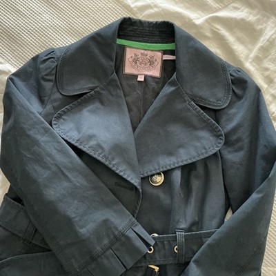 Juicy Couture Vintage Y2K Sz S Navy Trench Coat Classic Designer Cotton Jacket