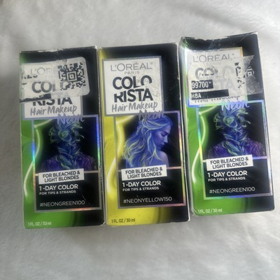 3 Lot L Oréal Colorista Hair Makeup Neon  Green 1 Day Color Bleach Light Blonde
