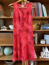 Vintage Hilo Hattie Midi Dress Red Hawaiian Floral Palm Hibiscus Ruched V-Neck