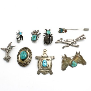 Southwest Sterling Turquoise Animal Hand Stamped Brooches Lot of 9 #S5623 2
