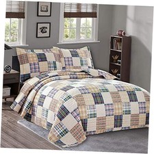 Plaid Collection Size Quilt Set - Lightweight Reversible King Beige Plaid