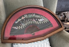 Antique Hand Painted Fan Framed In Shadow Box Approx 14x22 Inches