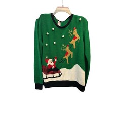 Holiday Time Santa Claus Reindeer Sequins Pom Poms Ugly Christmas Sweater XL