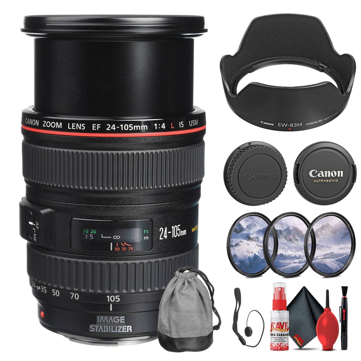 超美品　Canon EF 24-105mm 4L IS USM フード/フィルタ Canon EF 24-105mm f/4L IS USM Lens (0344B002) + Filter Kit + Cap