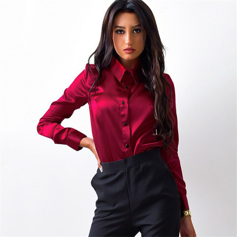 Women Office Satin Slimming Casual Blouse Wrap Tops Plain Single Breasted  Blouse | eBay