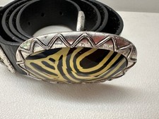 CHICO'S Black Genuine Leather Waist Belt Chunky Lucite Silver Buckle