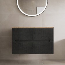 800mm Bathroom Vanity Unit Oak Countertop Wall Hung Black Fluted Unit No Basin
