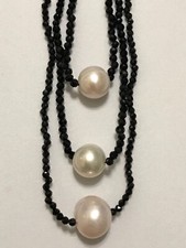 Amazing 3 Strand Black Spinel Beads 3 White Fresh Water Pearl Necklace 925 Clasp
