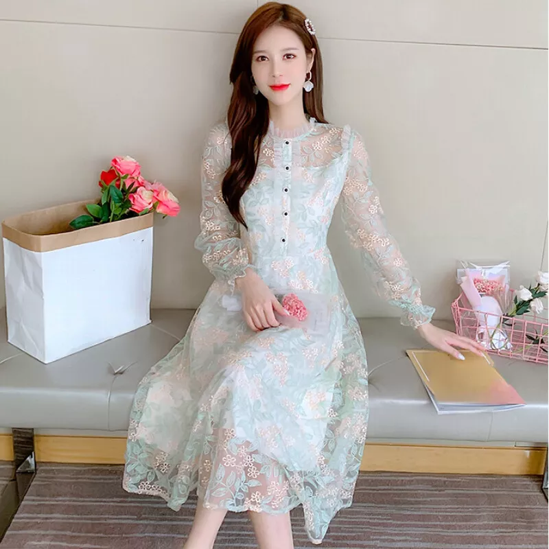 Long sleeve floral lace dress cheap