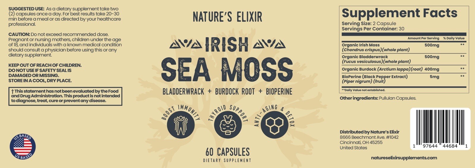 USDA Organic Sea Moss Capsules - Pure Irish Sea Moss Bladderwrack Burdock Root