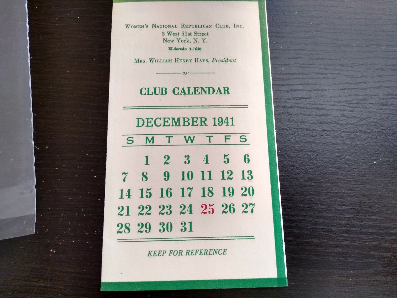 1941 Women's National Republican Club New York December Calendar Ms William  Hays | eBay