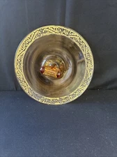 Cambridge Serving Tidbit Dish  Glass Golden Amber W Handle Etched 10" Vintage