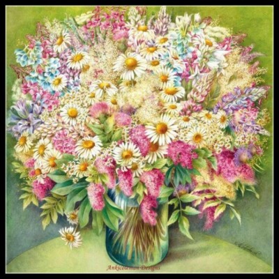 Blooming Flowers in Vase 1 - DIY Chart Counted Cross Stitch Pattern Needlework  