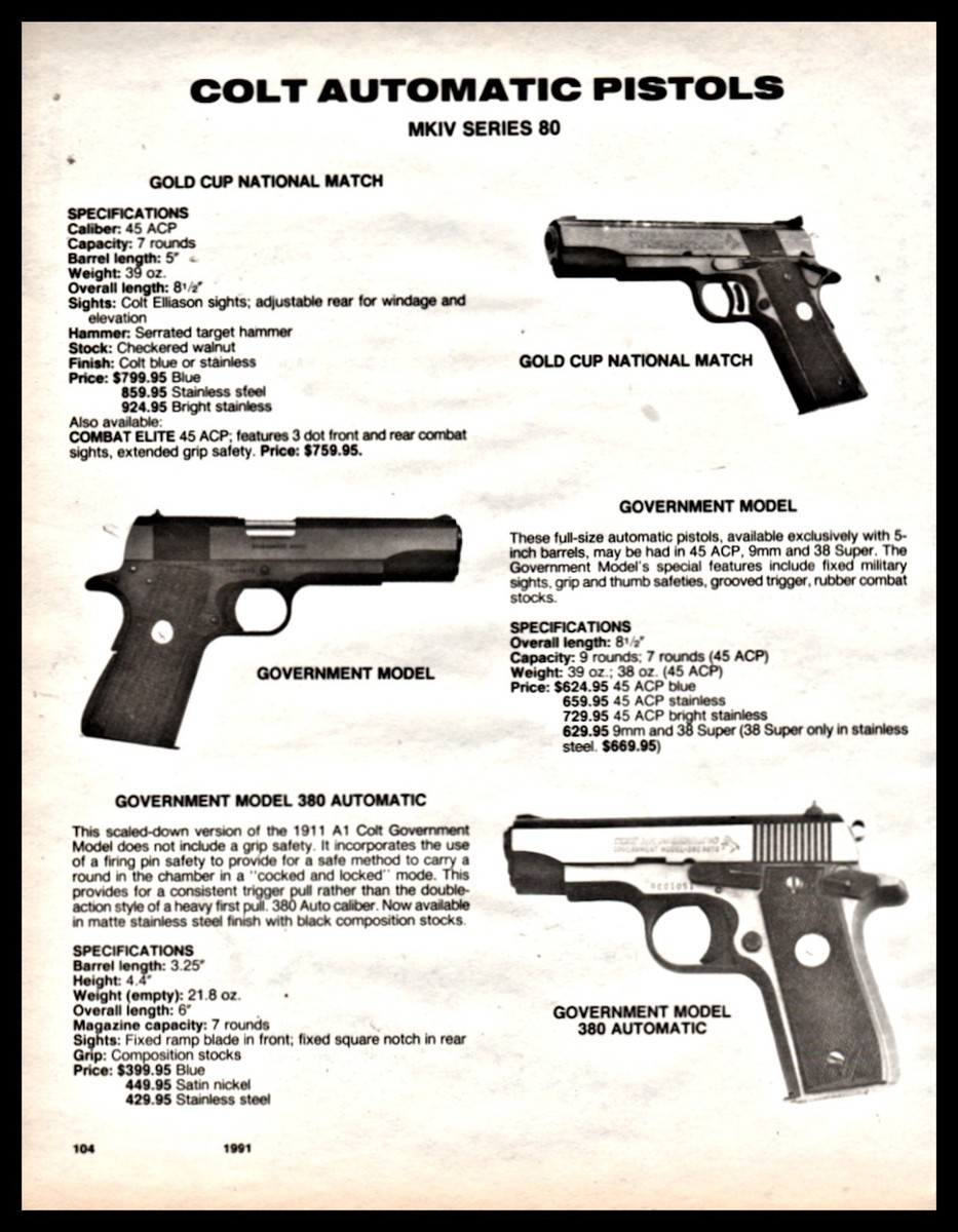 1991 COLT MKIV Series 80 Gold Cup Government & 380 Pistol Handgun