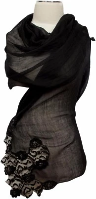 Edler Schal mit Spitze in Schwarz , Wolle Seide, Hochzeit scarf Foulard - Bild 1 von 2