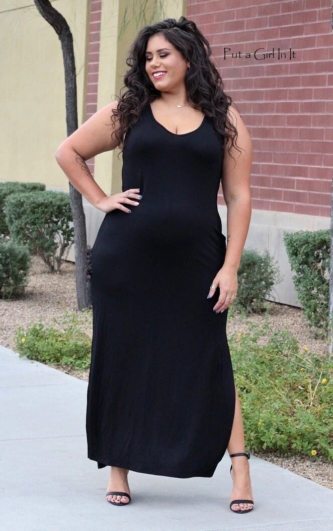 NEW Womens PLUS SIZE BLACK SLEEVELESS KNIT TANK MAXI DRESS SIDE SLITS 1X 2X  3X