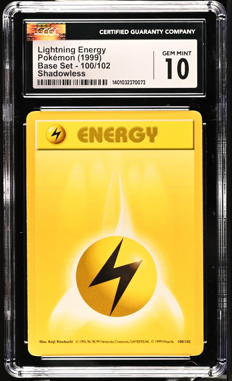 CGC 10 Lightning Energy Pokémon (1999) Base Set - 100/102 Shadowless