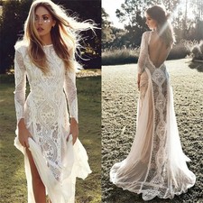Bohemian Wedding Dresses Lace Bride Robes Full Sleeves Backless Bridal Gowns