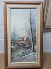 Vntg. Framed 17."×29.5" O/C Painting , ,  House Bridge  Winter  signed M. AHSON — photo 1