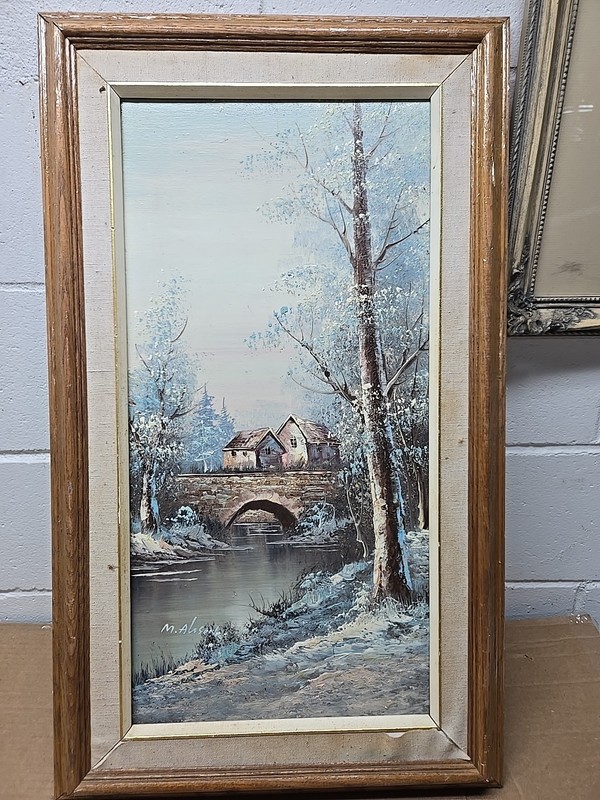 Vntg. Framed 17."×29.5" O/C Painting , ,  House Bridge  Winter  signed M. AHSON