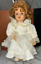 Blonde Curly Hair Baby Girl Doll Blue Eyes Cloth Doll w/ White Dress Outfit