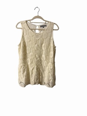 Absolutely Famous Lace Peplum Top Womens Large Cream Sleeveless Keyhole Back