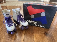 Vintage 80's Chicago Roller Skates Ladies Size 8 White w/ Purple Wheels w/ Box