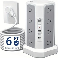 Tower Surge Protector Power Strip w/ 12 Outlets 4 USB Ports 6.2ft Extension Cord