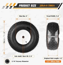 Set of 2 20x8.00-8 Lawn Mower Tractor Turf Tire with Rim 4 Ply Tubeless