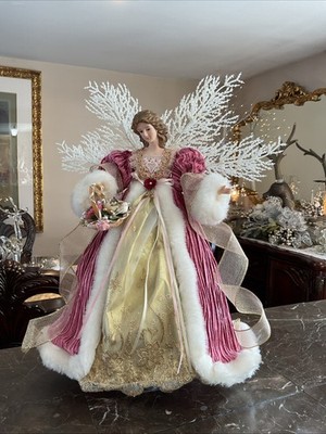 Christmas Angel Tree Topper 17  Pink Rose And Gold Velvet Gown Porcelain Face