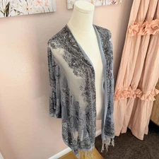 Vintage Sheer Blue Embroidered Kimono Shawl – One Size