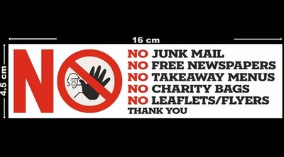 1 X NO JUNK MAIL VERKÄUFER BRIEFKASTEN SCHILD AUFKLEBER HAUSTÜR KEINE KALTAKQUISE
